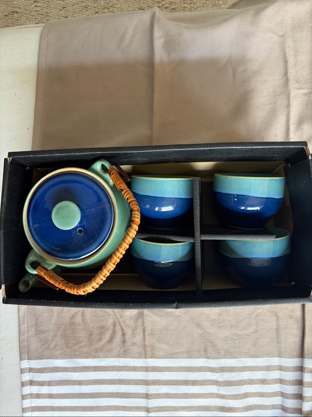 Handmade Dripglaze Midcentury Style Japanese Ceramic Tea Set Blue /Seafoam Green